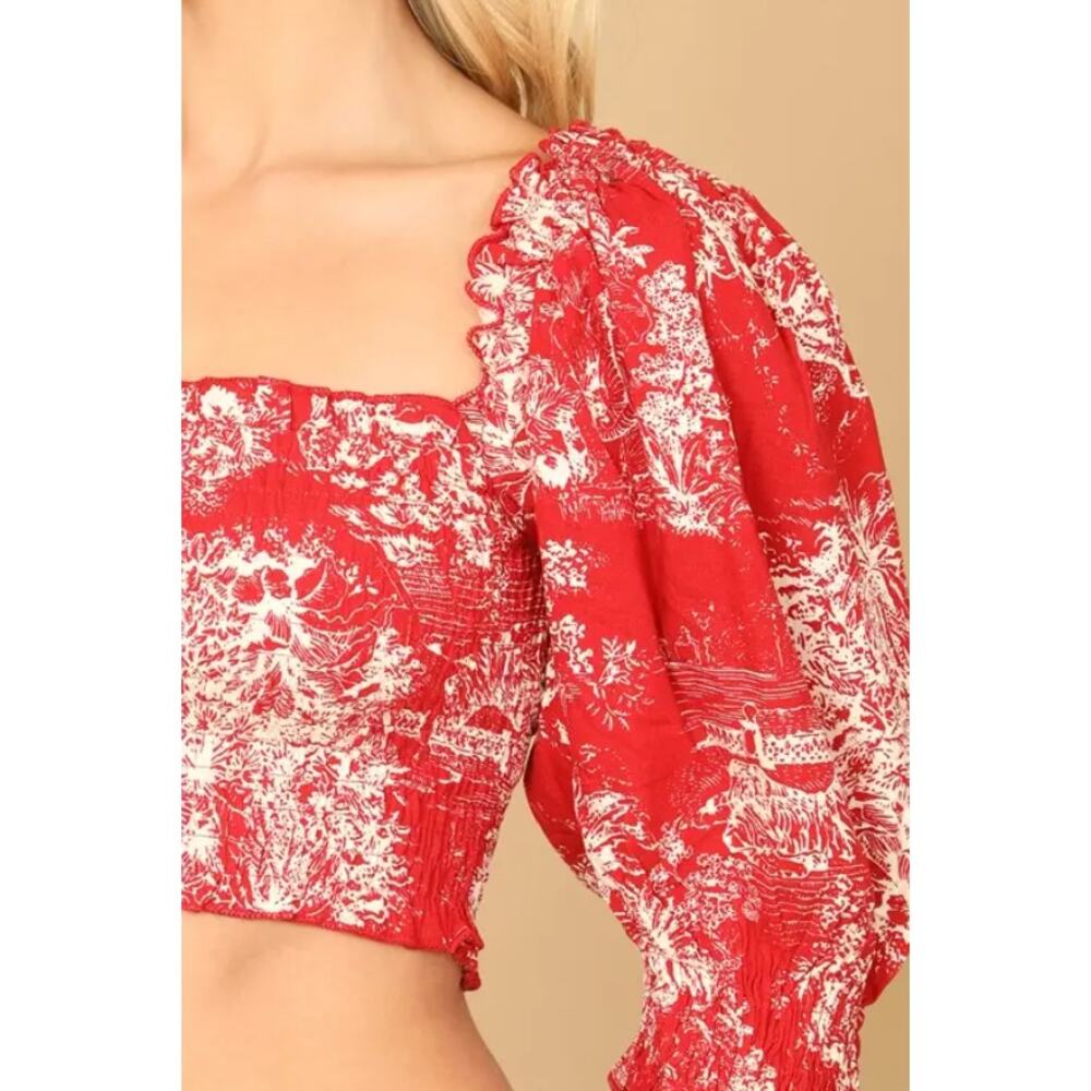 Red Toile Print Smocked Cottagecore Crop Top Puff Sleeve Size Small - Picture 4 of 6